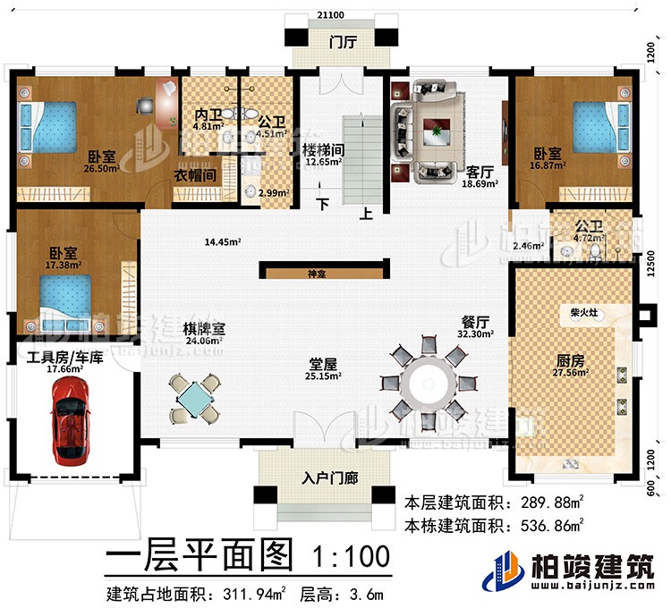 一层：入户门廊、门厅、堂屋、神龛、棋牌室、餐厅、厨房、客厅、楼梯间、工具房/车库、3卧室、衣帽间、内卫、2公卫